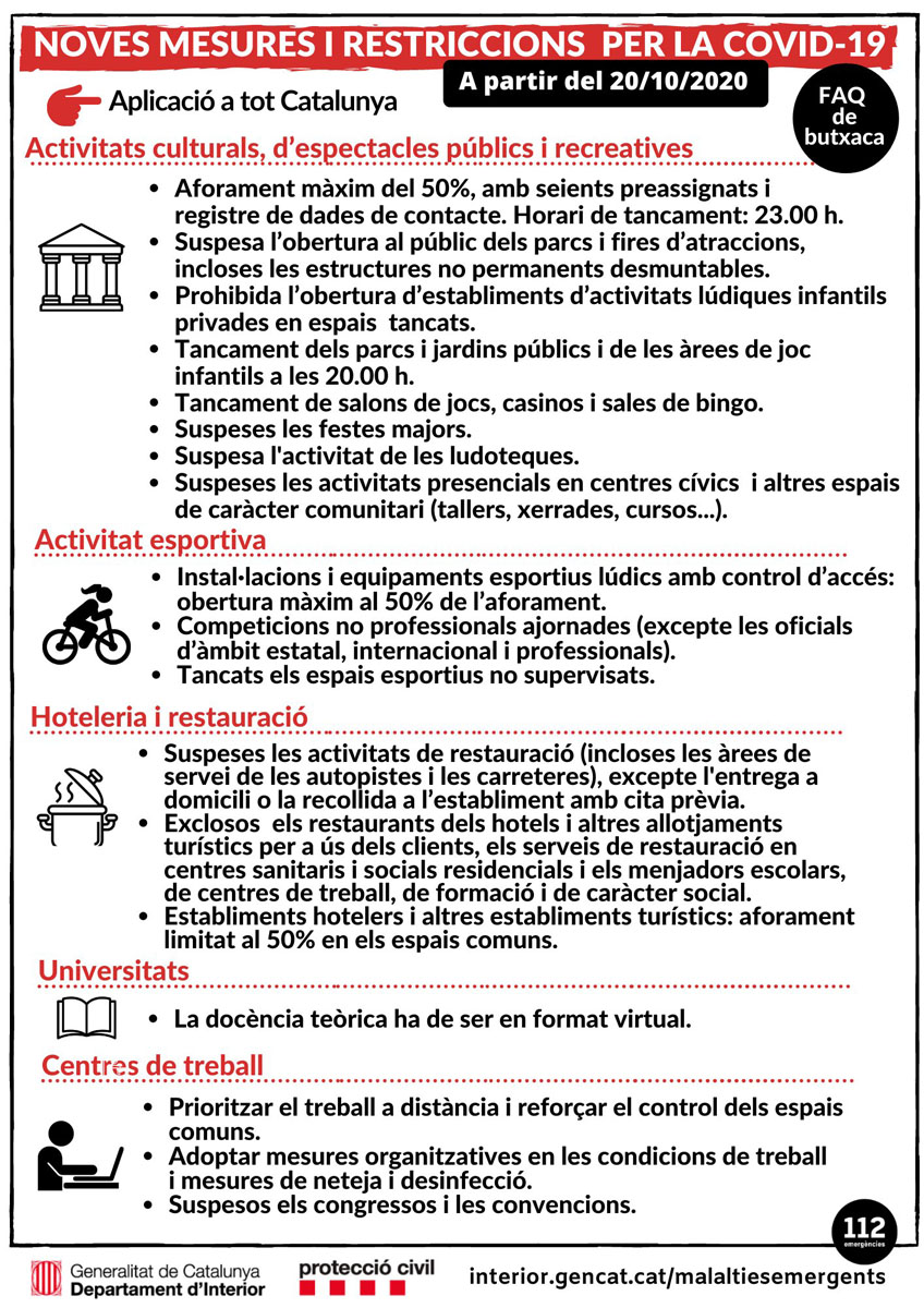 Noves mesures restrictives de contenció del brot epidèmic de la COVID19