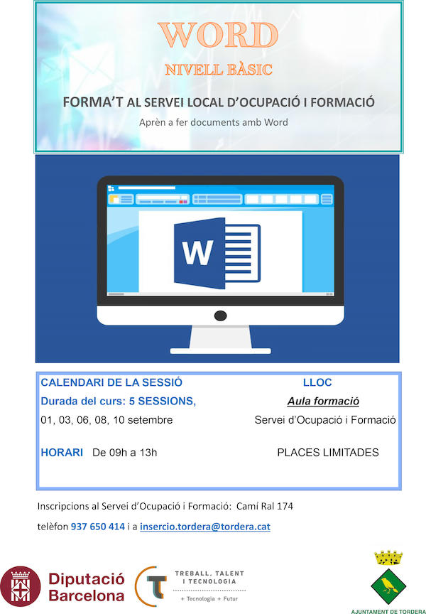 El Servei d'Inserció Laboral de Tordera organitza nous cursos de Word bàsic i ACTIC Bàsic i Mig (Acreditació de competències en tecnologies de la informació i la comunicació)